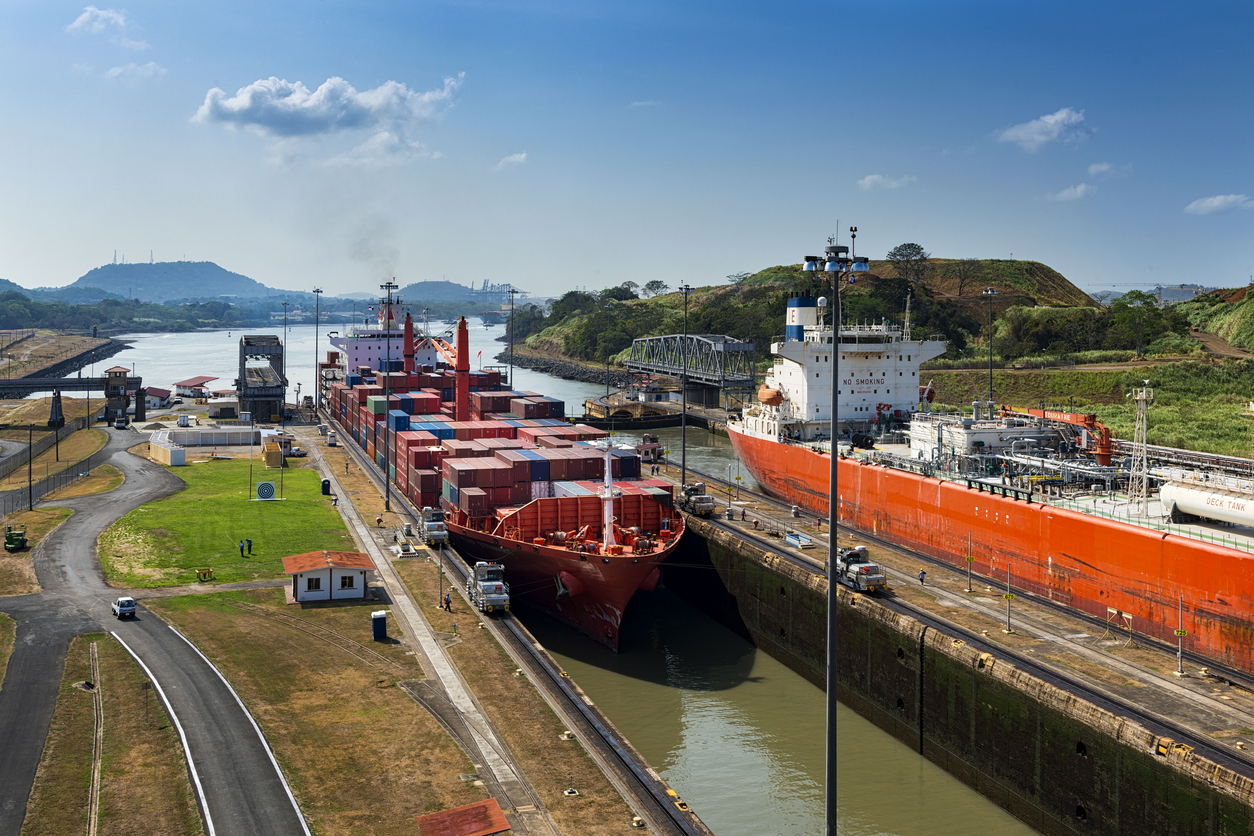 Vessels navigating the Panama Canal at the iconic Miraflores Locks