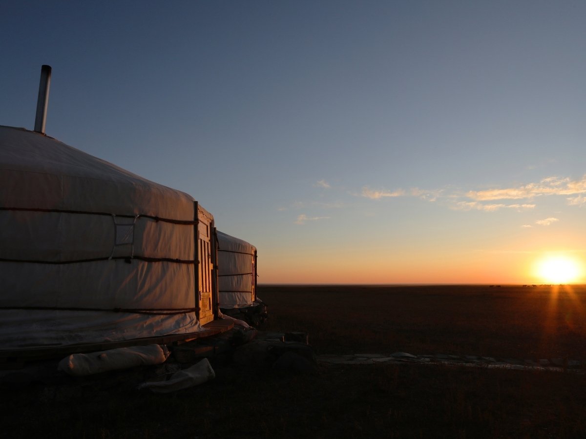 Mongolian Ger in Gobi Desert at Sunrise